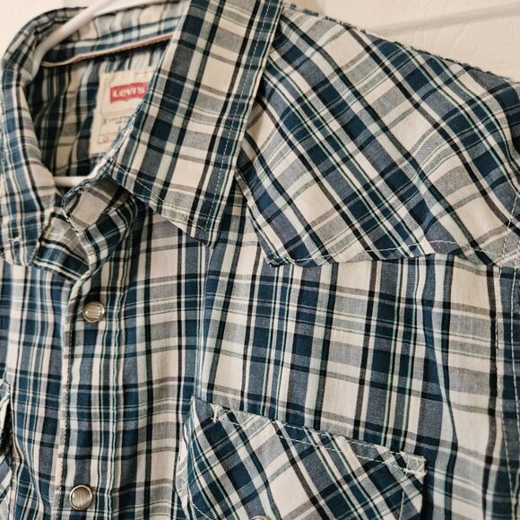 LeVI’S Western Shirt Mens Sz L Pearl Button Snaps Cowboy Blue Plaid Cotton Blend - Picture 3 of 8